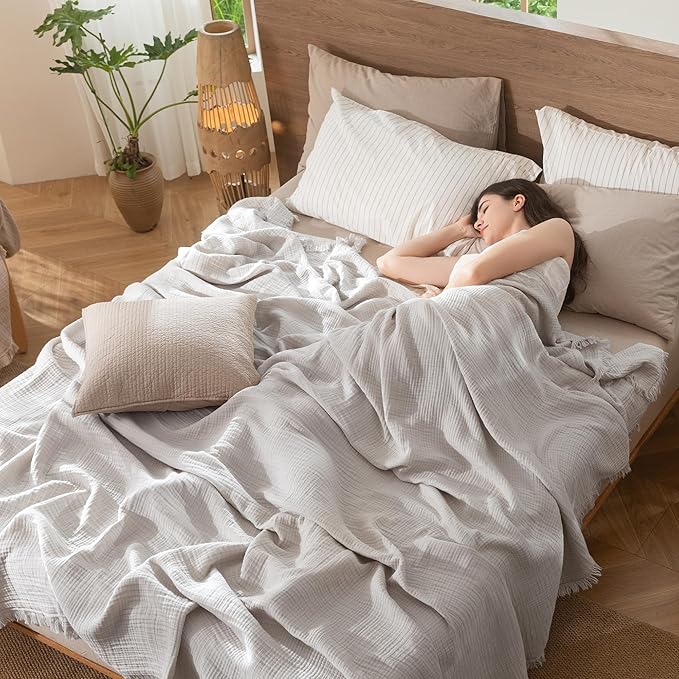 MooMee Muslin Blanket - 100% Cotton 4-Layer Gauze Throw Blanket with Tassels Ultra-Soft Breathable Lightweight Cooling for Bed Couch (Light Grey,Oversized Queen 98" x 98")