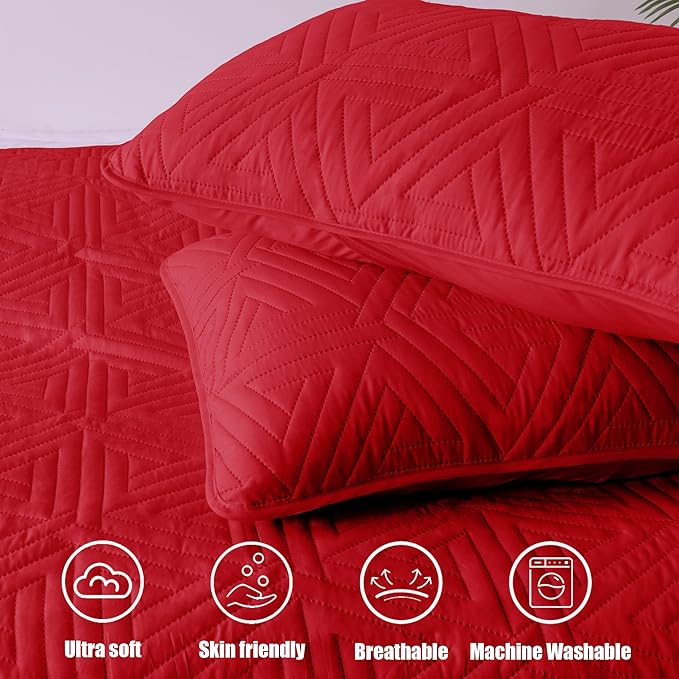 Whale Flotilla Soft Queen Size Quilt Set for All Seasons, 3-Piece Ultrasonic Geometric Quilts Bedding Set, Lightweight Reversible Bedspread, Coverlet, Bed Cover with 2 Pillow Shams, Red