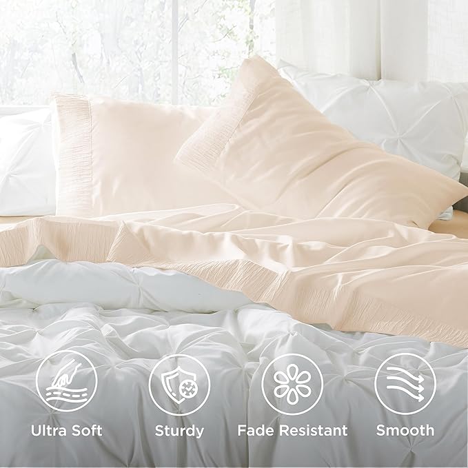 Bedsure Twin Sheets Set - 3 Pieces Soft Twin Bed Sheets - Breathable & Cooling - Hotel Luxury - Easy Care Polyester Microfiber Bedding for Women, Men, Light Beige