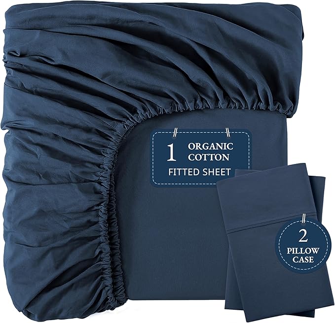 LANE LINEN 100% Organic Queen Size Fitted Sheet(+Pillowcases), Soft & Comfy Fully Elasticized Naturaly Temperature Regulating for Hot Sleepers Deep Pocket Fits Mattress Upto 15"- Estate Blue