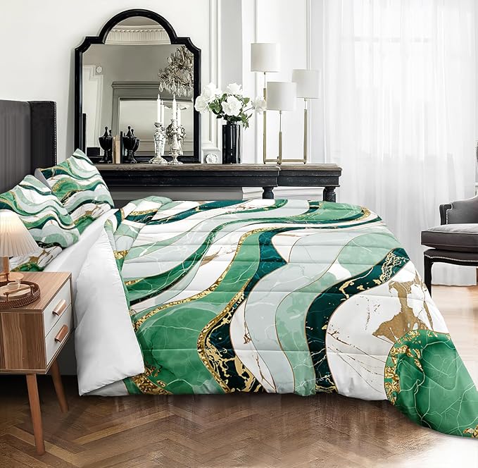 Bedbay Green Gold King Comforter Set 4 Pcs Abstract Marble Bedding Set for Boys Teen Adults Soft Cozy Lightweight Fluid Marble Bedding for All Seasons 1 Comforter 2 Pillowcases 1 Cushion Cover
