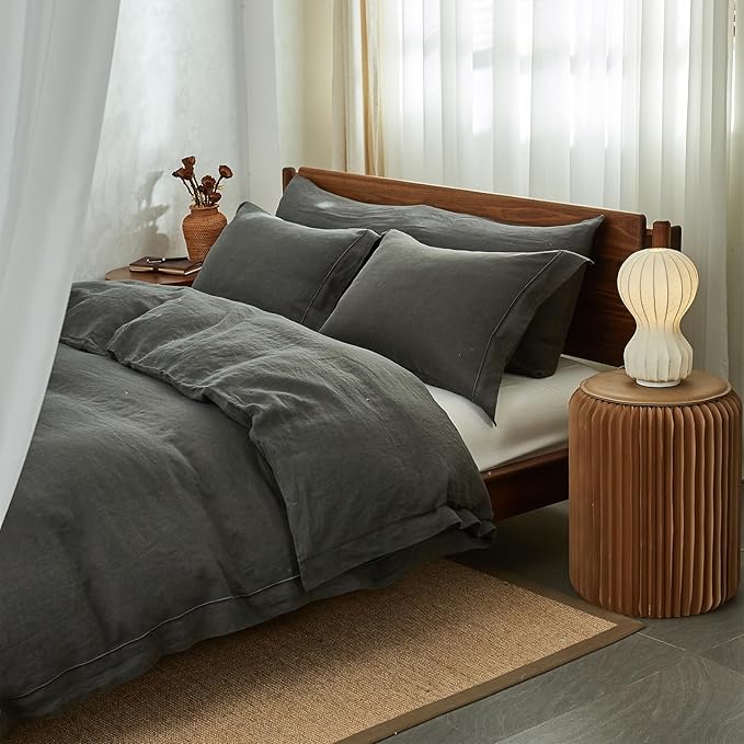 Simple&Opulence 100% Washed Linen Duvet Cover with Embroidered, 3 Pieces Soft Farmhouse Comforter Set with Button Closure,1 Duvet Cover and 2 Pillowshams(Queen,Charcoal Grey)