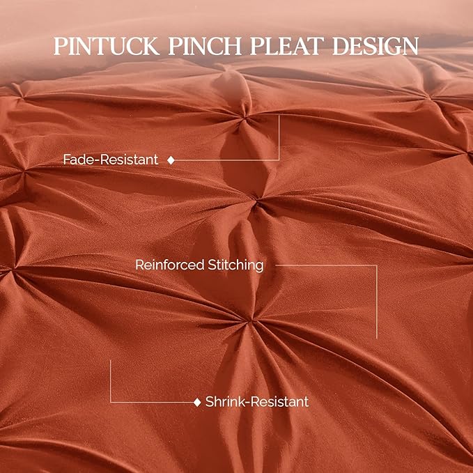 Andency Burnt Orange Pinch Pleat Comforter Full (79x90Inch), 3 Pieces (1 Pintuck Comforter and 2 Pillowcases) Down Alternative Microfiber Bedding Set