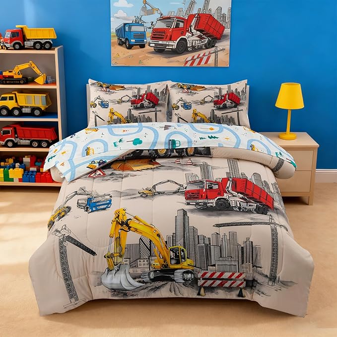 Holawakaka Trucks Tractors Cars Boy Bedding Comforter Set with Sheets, Twin Size Cartoon Construction Car Excavator Print Kids Bed in A Bag 5-Piece, Boys Reversible Dorm Bed Sets (Camel Twin)