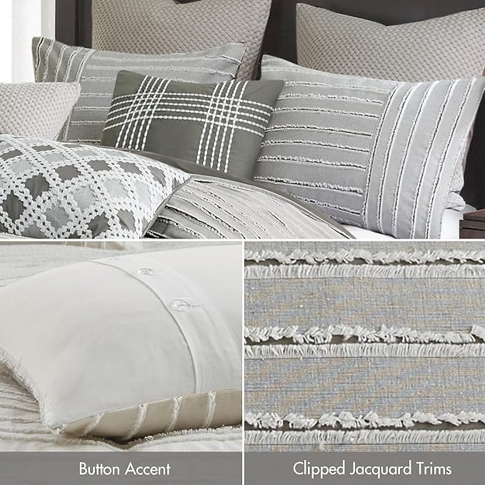 Madison Park Queen Comforter Set, Removable 100% Cotton Duvet Cover Queen Size with Insert, Farmhouse Bedding, Textured Stripe Clipped Jacquard Accent, Queen, Grey 8 Piece