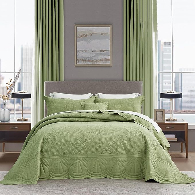 Oversized Bedspread - Queen Size Bedding Cover - Modern & Contemporary Coverlet Set, Real Stitching, Reversible, Lightweight, 5 Piece, Sage Green