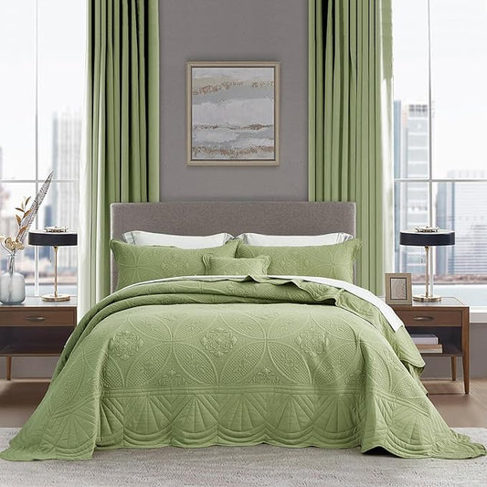 Oversized Bedspread - King Size Bedding Cover - Modern & Contemporary Coverlet Set, Real Stitching, Reversible, Lightweight, 5 Piece, Sage Green