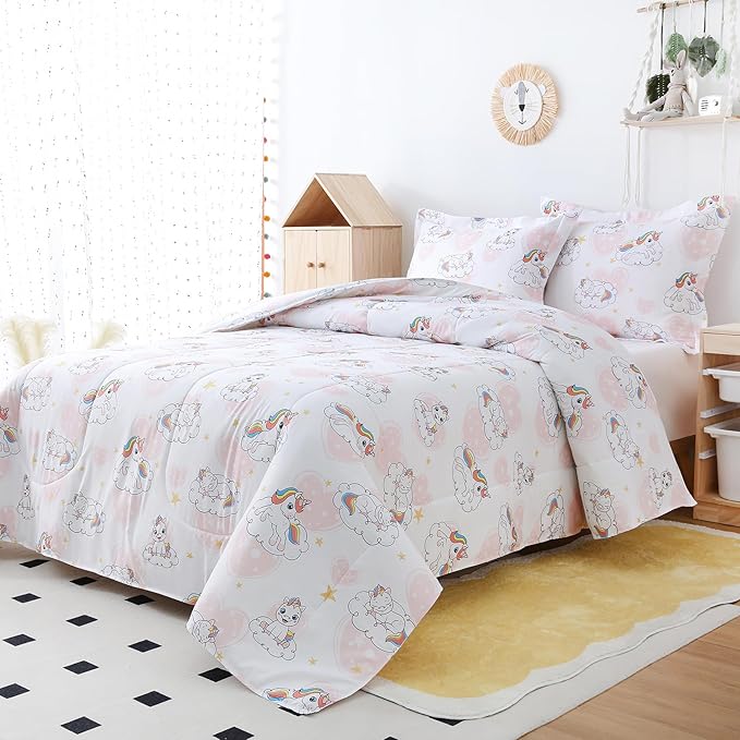 Yibeizi Full Size Bed Comforter Set, Kids Unicorn Pattern Lightweight All-Season Comforter Set Cute Pink Heart Microfiber Breathable Hypoallergenic Soft Oeko-Tex Bedding Comforter Sets