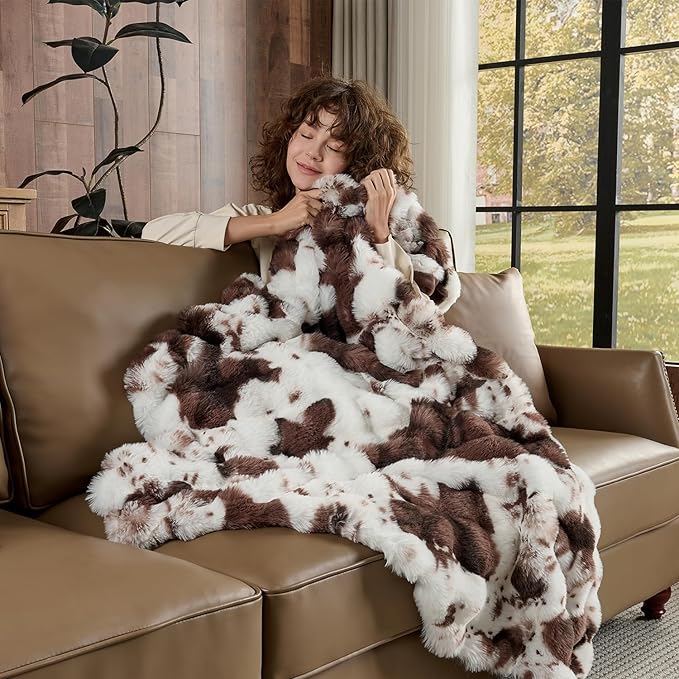Lotus Karen Faux Fur Throw Blanket Cow Print-Dark Brown, Fluffy Fuzzy Plush Bubble Blanket for Couch, 60x50 Inches Cozy Shaggy Rabbit Blanket, Luxury Decorative Gifts for Sofa Bedroom Living Room.