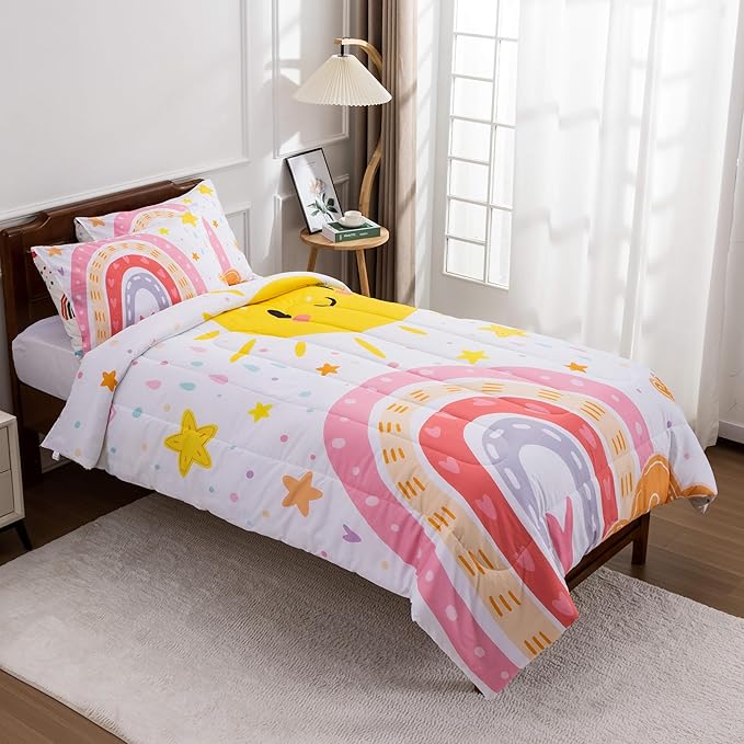 Btargot Lightweight Soft 3 Piece Rainbow Comforter Set with 2 Pillow Covers, Cartoon Love Hearts Flowers and Sun Star Bedding Set for Girls Boys Kids, Twin Pink