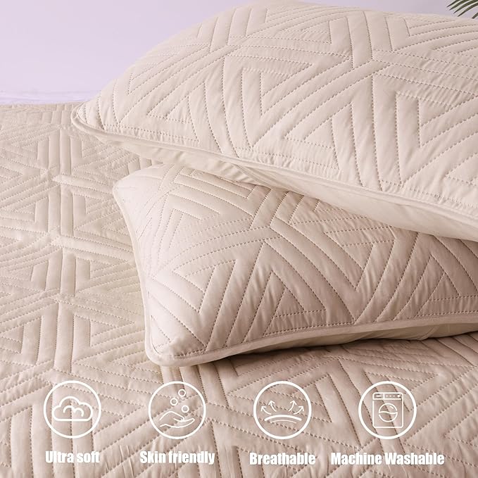 Whale Flotilla Soft Queen Size Quilt Set for All Seasons, 3-Piece Ultrasonic Geometric Quilts Bedding Set, Lightweight Reversible Bedspread, Coverlet, Bed Cover with 2 Pillow Shams, Brich Beige