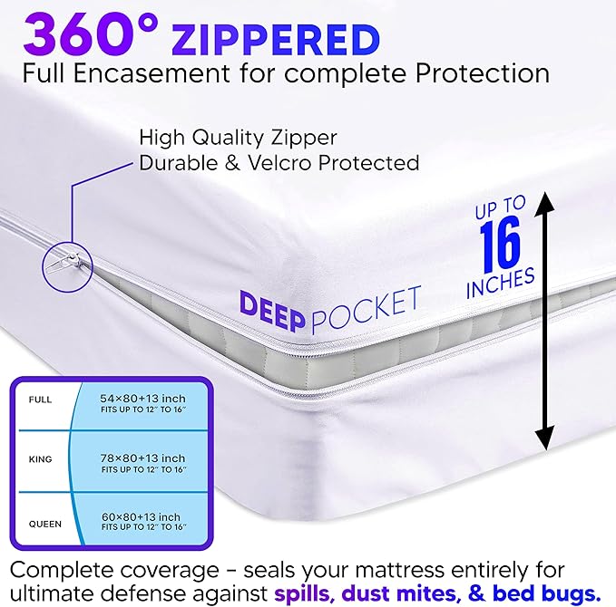 Mattress Encasement Full (12-16) Inches Deep | Heavy Duty Hotel Grade 100% Waterproof, Breathable, Noiseless, Hypoallergenic 6-Sided 360° Premium Zippered Six-Sided Cover (Machine Washable)
