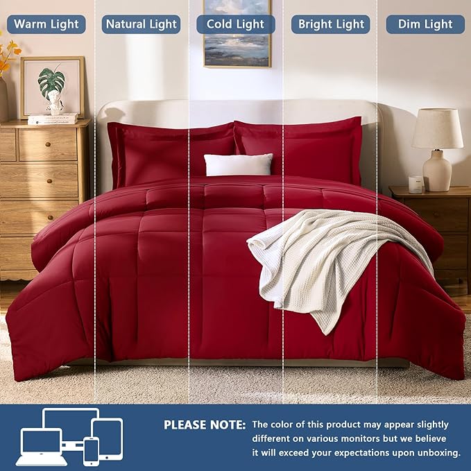 CozyLux King Size Comforter Set Dark Red - 7 Pieces Bed in a Bag King, Okeo-Tex Certifited Bedding Set, All Season Soft Bed Set with Down Alternative Comforter, Sheets, Pillowcases & Pillow Shams