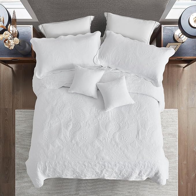 HZ & HY Oversized King Bedspread 128x120 Extra Wide, Quilted Coverlet Bedding Set, Lightweight Thin Comforter, Reversible, Luxurious, 5 Piece, 100% Microfiber, Pure White