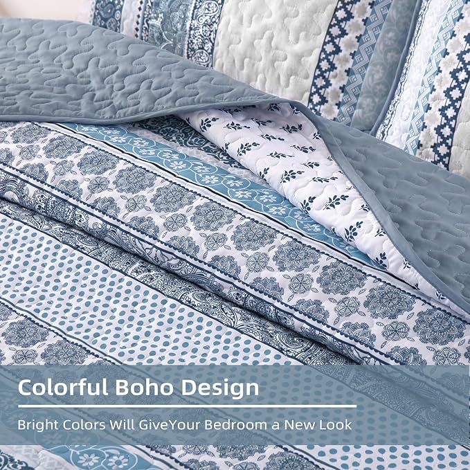 WONGS BEDDING Boho Quilt Set Super King Size, Blue Bohemian 3 Pieces Quilt Sets, Lightweight Bedspread Coverlet Bedding Set for All Season (120"x114")