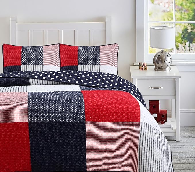 Cozy Line Home Fashions 100% Cotton Sailor Navy Blue Star Striped Print Cotton Reversible Bedding Quilt Set (Patriotic Patchwork, Queen)