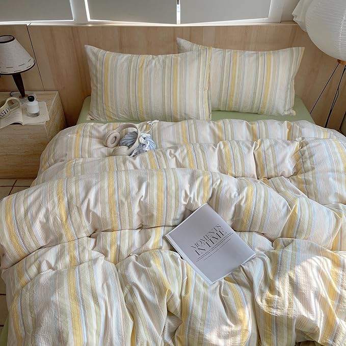 LifeTB Yellow Striped Duvet Cover Set Queen, 100% Washed Cotton Multicolor Stripes Pattern Printed Comforter Cover, 3 Pieces Farmhouse Striped Bedding Set Breathable Duvet Cover Queen Size