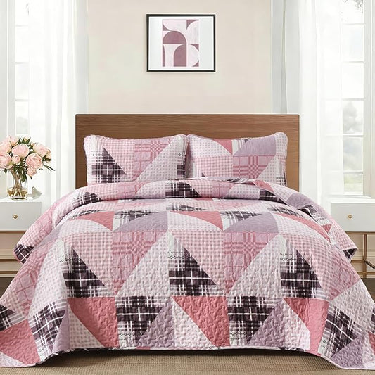 Annibedding Pink Quilt Queen Size, 3 Pieces Patchwork Bedspread Geometric Bedding Set for All Season, Soft Lightweight Reversible Plaid Bedspread with Wave Quilting (Queen, 96''x90'')