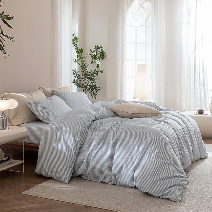 JIYUAN 100% Washed Cotton Striped Duvet Cover Set 2 Pieces Twin, 1 Duvet Cover and 1 Pillowcases(Comforter Not Included),Linen Like Comfy and Breathable,Pinstripes - Cornflower Blue White