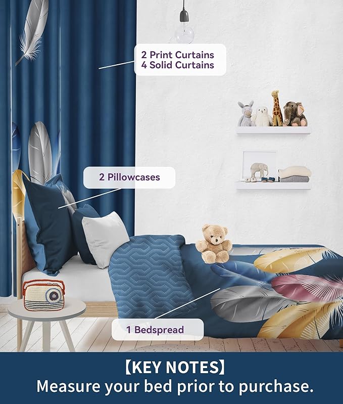 Bedspreads and Matching Curtains, 1 Bedspread 2 Pillowcases 2 Print 4 Solid Curtains, Blue Feather Microfiber California King Bed in a Bag Set, Easy Care for Vacation Home