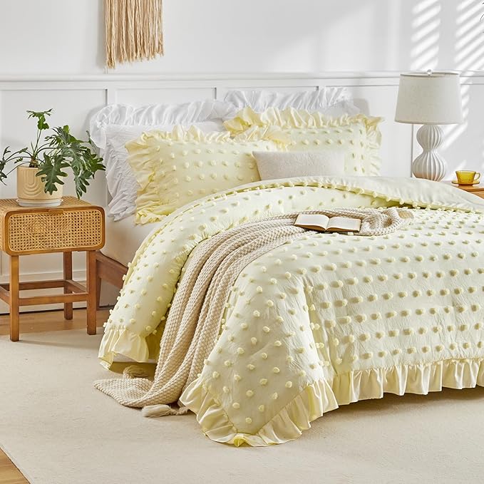 Flysheep Tufted Dots Ruffle Comforter Set Twin Size, 3 Pieces Yellow Vintage Farmhouse Shabby Chic Comforters, Jacquard Boho Bohemian Bedding Set for Kids (1 Ruffled Comforter+ 2 Pillow Shams)