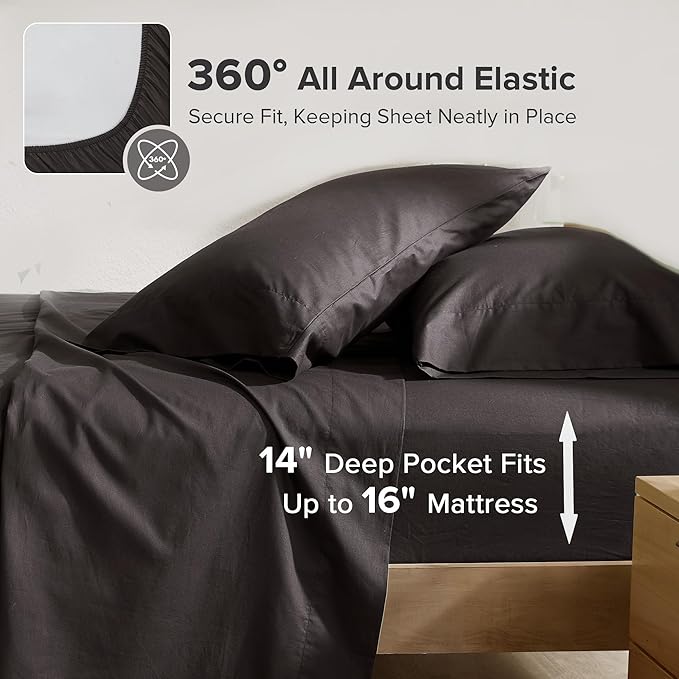 Comfort Spaces 100% Cotton Sheets Full, Breathable & Ultra Soft Cotton Sheets, Naturally Cool Cotton Bed Sheets with 14" Elastic Pocket Fits up to 16" Mattress, All Season Sheet Set, Black 4 Piece