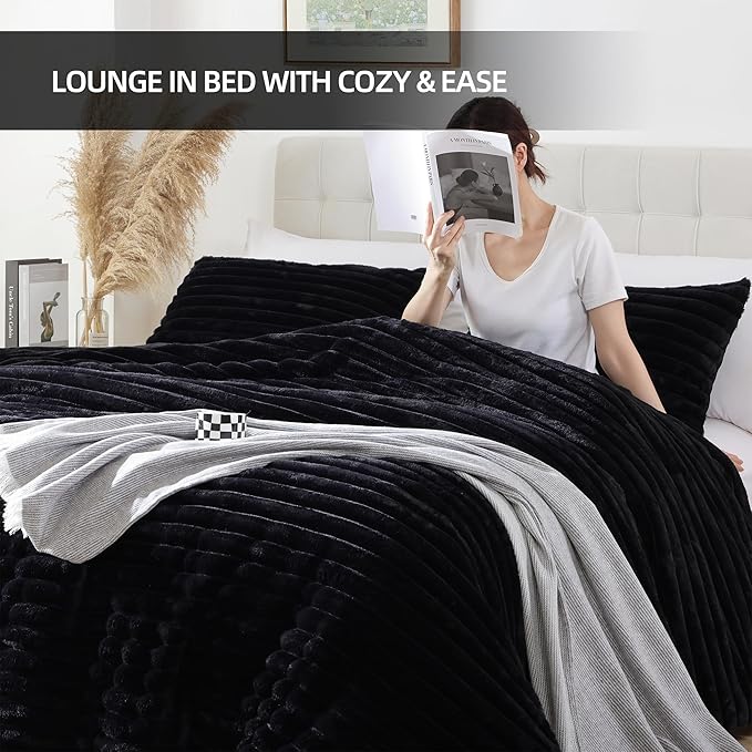 Smoofy Fluffy Full Size Comforter Sets 3 Pieces - Black Fleece Fluffy Comforter Set, Luxury Fuzzy Full Bed Set, Soft Comforter Full Size All Season, Heavy Faux Fur Comforter with 2 Pillow Cases