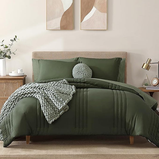 Monbix Queen Comforter Set - 7 Pieces Olive Green Bed in a Bag Queen Bedding Sets with Comforters, All Seasons Comforter Bed Set with Sheets, Pillowcases & Shams