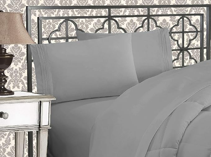 Elegant Comfort Luxurious 1500 Premium Hotel Quality Microfiber Three Line Embroidered Softest 4-Piece Bed Sheet Set, Wrinkle and Fade Resistant, California King, Silver-Light Grey