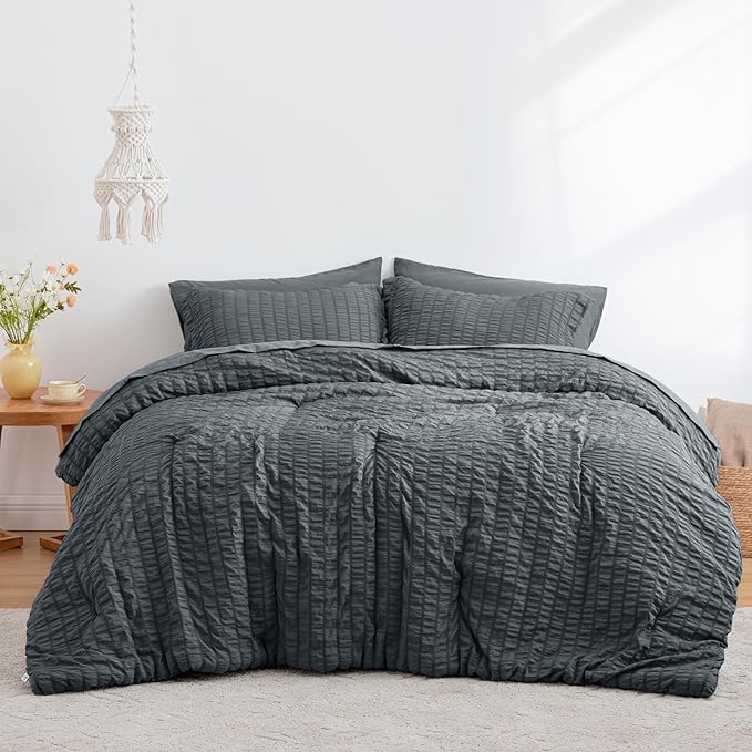 Love's cabin Seersucker Charcoal Grey King Size Comforter Set, 7-Piece All Season Lightweight Bed in a Bag Bedding Set with Comforter, Flat Sheet, Fitted Sheet, Pillowcases and Shams | Soft, Breathable, Lightweight