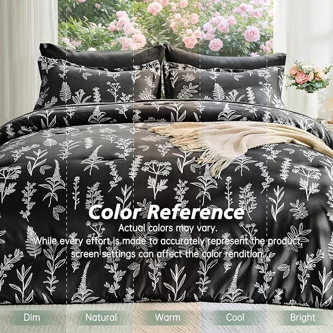 MUXHOMO Black Bed in a Bag Queen 7 Pieces, Queen Comforter Set Reversible Botanical Flowers Design, Ultra Soft & Breathable Bedding Sets with Comforter, Sheets, Pillowcases & Shams