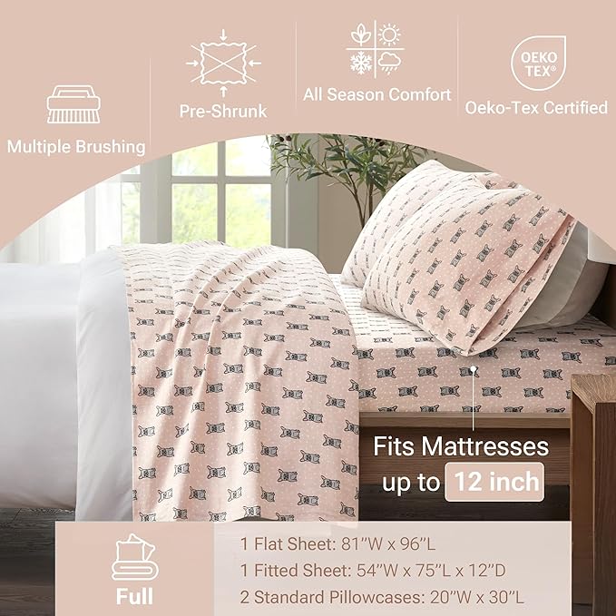 True North by Sleep Philosophy Cozy Flannel Warm 100% Cotton Sheet - Novelty Print Animals Stars Cute Ultra Soft Cold Weather Bedding Set, Full, Pink French Bulldog 4 Piece