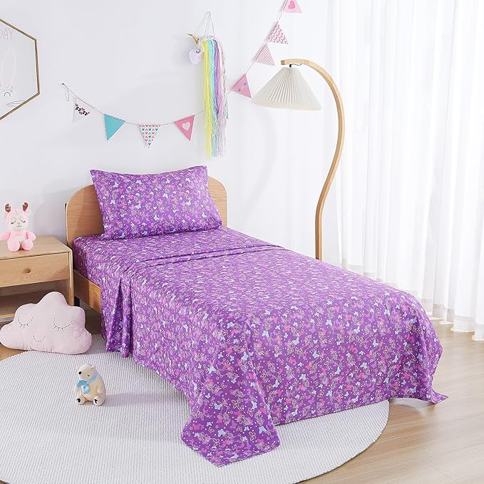 Kids Sheet Set Twin Size, Twin Sheet Set with Butterfly Unicorn Pattern，Breathable Silky Soft Microfiber Kids Fitted Sheet