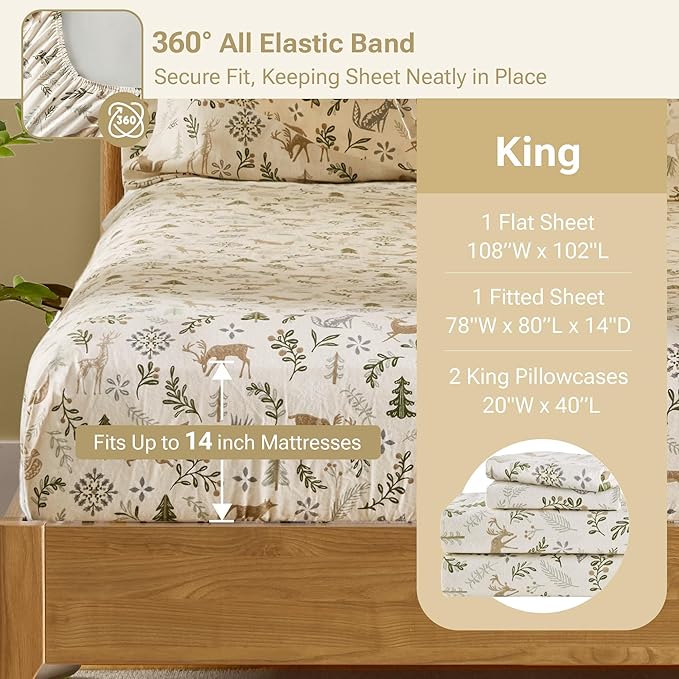 Sleep Philosophy True North 100% Cotton Flannel Sheets King Size, Cozy Flannel Sheet Set Brushed for Extra Softness, Heavyweight Novelty Print Warm Flannel Bedding Set, Tan Woodland Winter 4 Piece