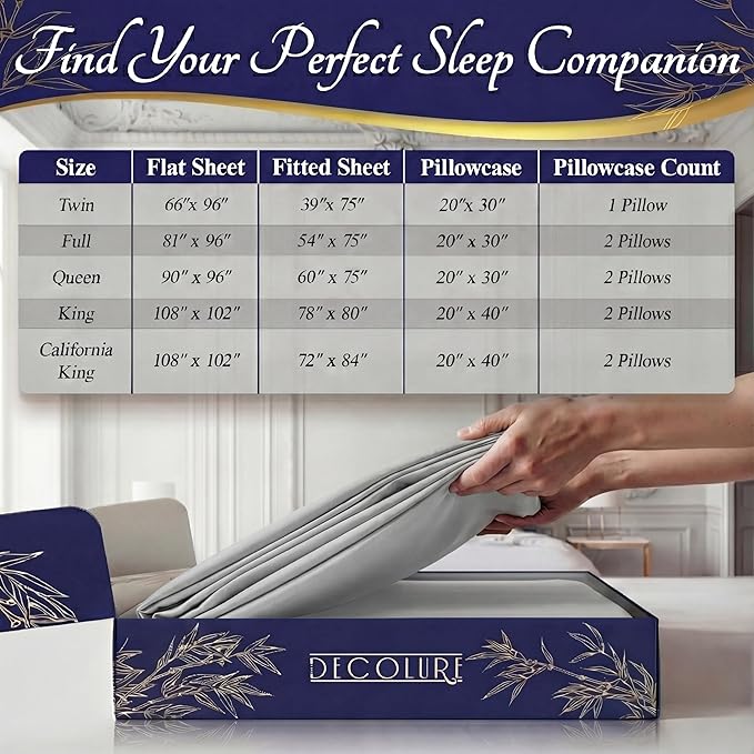 DECOLURE 100% Viscose Derived from Bamboo Sheets California King Size - Luxury 4 Pc Naturally Cooling Sheets, Ultra Soft Bed Set - Deep 17" Pockets, Double Stitching, Oeko Tex Standard (Light Grey)