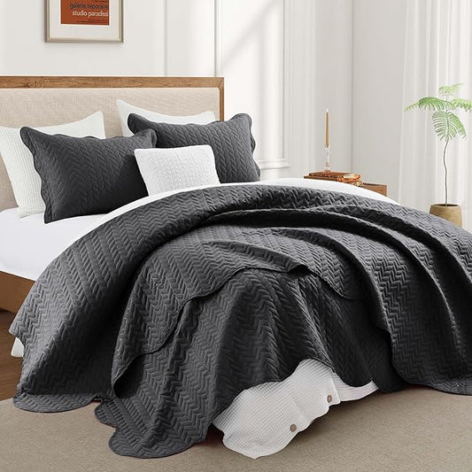 IR Imperial Rooms California King Quilt Bedding Set Size (118"x106") + 2 Pillow Shams (20" x 36"+ 2") - 3 Pcs All Season Reversible Microfiber Coverlet Embossed Quilt Bedspread (Charcoal)