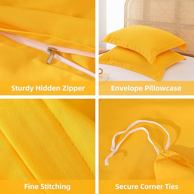 Whitney Home Textile Yellow Duvet Cover Set King Size - 3 Piece Luxury Soft Cooling Duvet Cover with Zipper Closure and Pillow Sham, Breathable Washed Brushed Microfiber, Comforter Not Included