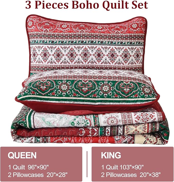 WONGS BEDDING Boho Quilt Set Full, Red Bohemian Quilt Bedding Set, Ultra Soft Lightweight Bedspread for All Season Reversible Microfiber Coverlet Bedding Set 90"x78"(3 Pieces)