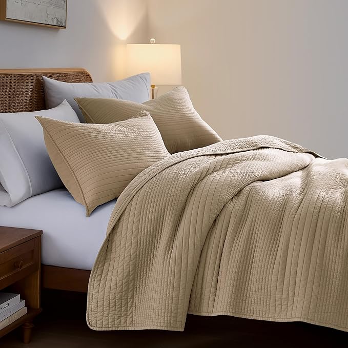 palassio Striped Dark Beige 100% Cotton Quilt King Size Bedding Sets, Lightweight Crinkly Channel Pick Stitch Textured Bedspread Soft Shabby Chic Farmhouse Country Coverlet for All Season, 2 Shams