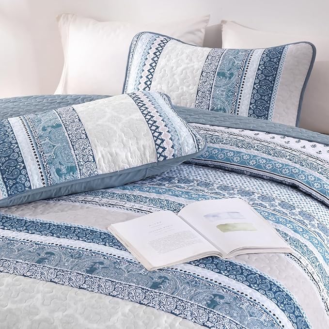 WONGS BEDDING Boho Quilt Set Super King Size, Blue Bohemian 3 Pieces Quilt Sets, Lightweight Bedspread Coverlet Bedding Set for All Season (120"x114")