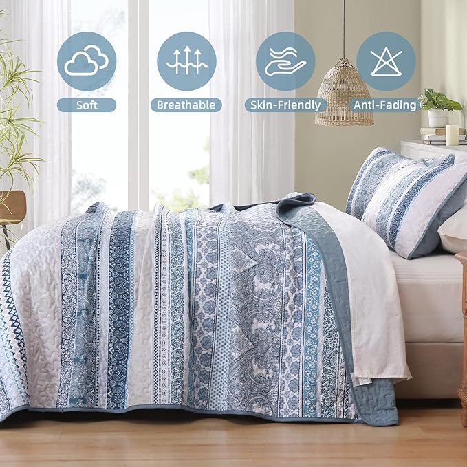 WONGS BEDDING Boho Quilt Set Twin Size, Blue Bohemian 2 Pieces Quilt Sets, Lightweight Bedspread Coverlet Bedding Set for All Season (68"x86")