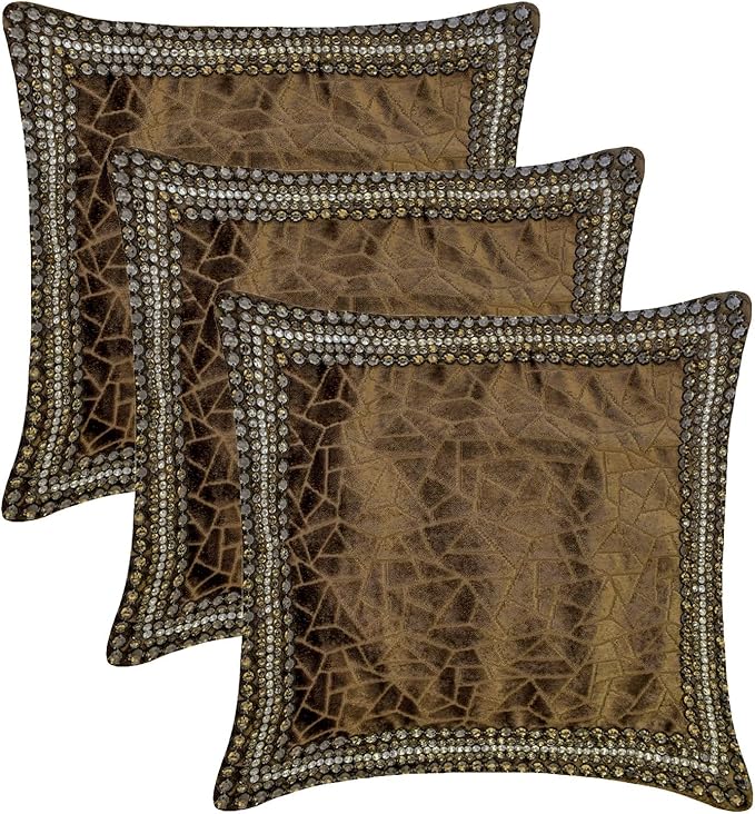 The HomeCentric King/Queen/Twin Brown Decorative Bed Runner Queen 74"x18" Bed Runner with Two Pillow Cover, Border, Crystal, Cut Velvet, Mosiac Pattern Bed Scarf on Velvet Fabric - Velvet Fusion