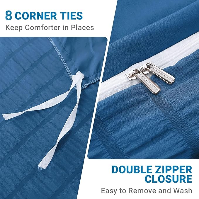 HYMOKEGE Teal Duvet Cover Queen Size, Ultra Soft 3-Piece Seersucker Duvet Cover Set with Zipper Closure, Soft Brushed Microfiber Bedding Set with 8 Corner Ties (90"x90", 2 Pillowshams)