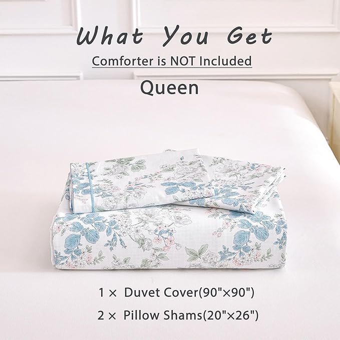 French Country 100% Natural Cotton Duvet Cover Sets 3Pcs - Delicate Pastel Floral Print on White with Soft Blue Mini Check Reverse, Neutral Bedding Set with Button Closure(Queen,90"×90"