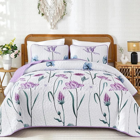 WONGS BEDDING Purple King Quilt Set, 3 Pieces Light Purple Floral Bedspread Coverlet Set, Lightweight Spring Farmhouse Cute Botanical Quilts Bedding Set (104"x90")