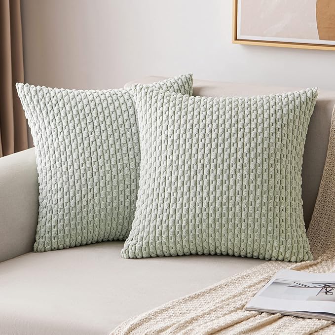 MIULEE Pack of 2 Decorative Throw Pillow Covers 18x18 Inch Soft Boho Striped Textured Corduroy Pillow Covers Modern Farmhouse Home Decor for Couch Bed Sofa Living Room Light Green