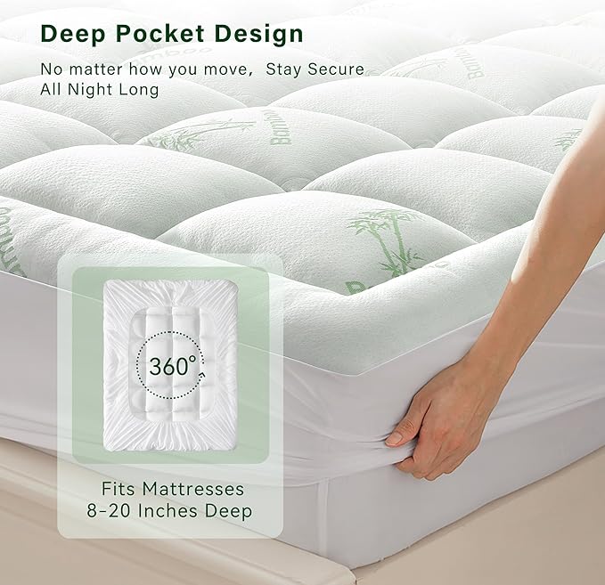 Anluoer Mattress Topper Queen Rayon Derived from Bamboo, Memory Foam Pillow Top Mattress Topper for Back Pain Relief, Thick Soft Mattress Pad with 8-21" Deep Pocket, 60x80 Inches, White