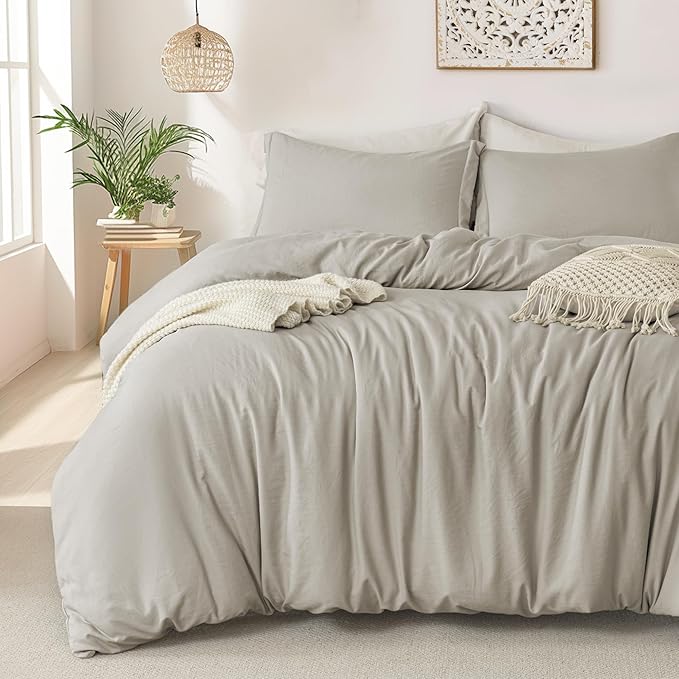 MILDLY Super Soft Duvet Cover 2pcs - 100% Washed Microfiber Linen Grey Comforter Cover Set with Zipper Closure & Corner Ties (No Comforter)