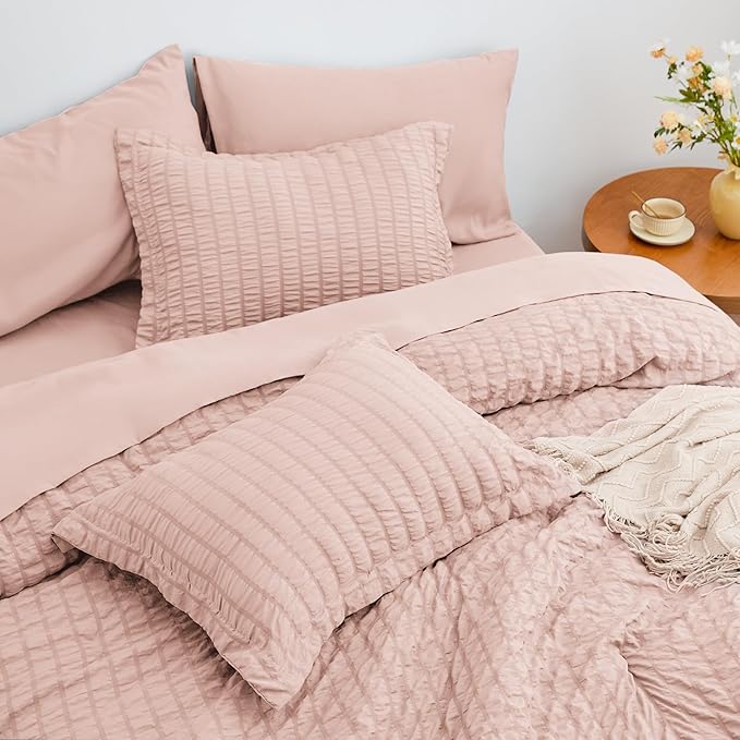 Love's cabin Seersucker Pink California King Comforter Set, 7-Piece All Season Lightweight Bed in a Bag Bedding Set with Comforter, Flat Sheet, Fitted Sheet, Pillowcases and Shams | Soft, Breathable, Lightweight