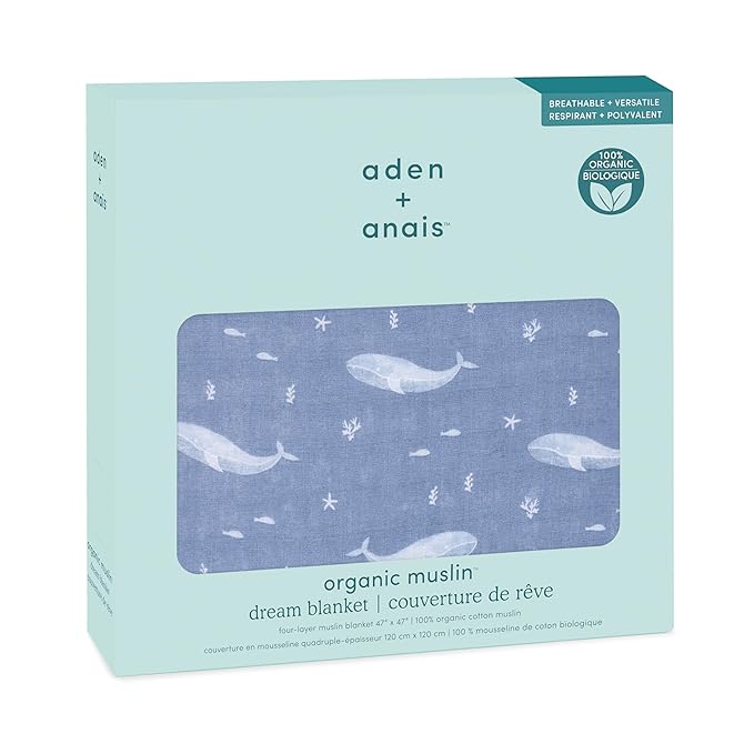 aden + anais Dream Blanket, 100% Organic Cotton Muslin Blankets for Girls & Boys, Ideal Lightweight Newborn Nursery & Crib Blanket, Oceanic